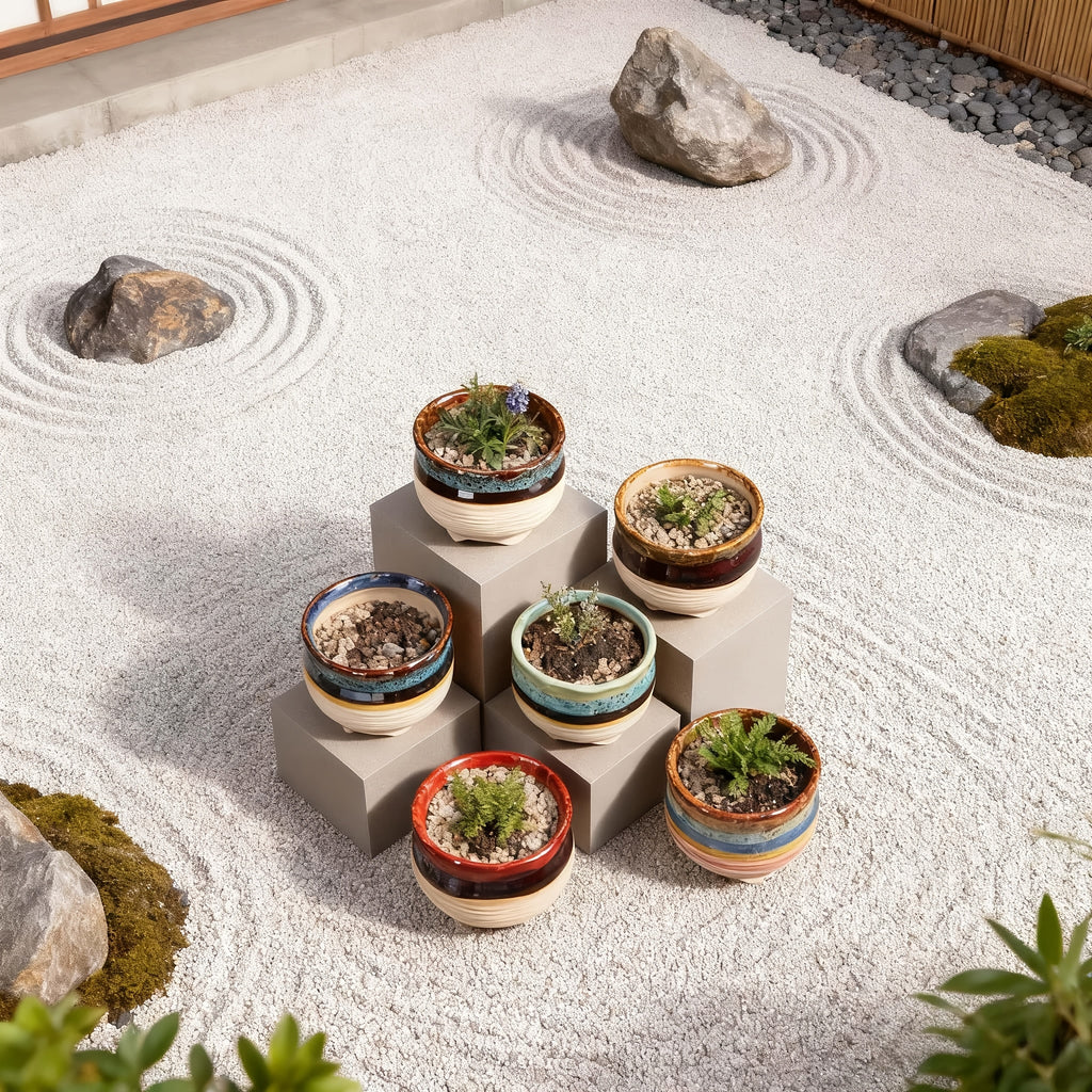 6pcs Handmade Ceramic Vase with Drainage Holes - Color-Block Striped Glazed Planters Suitable for \u002FOutdoor Use, Modern Round Pots for Succulents, Herbs, Flowers - Polished Ceramic Vases with Drainage (6pcs Set)