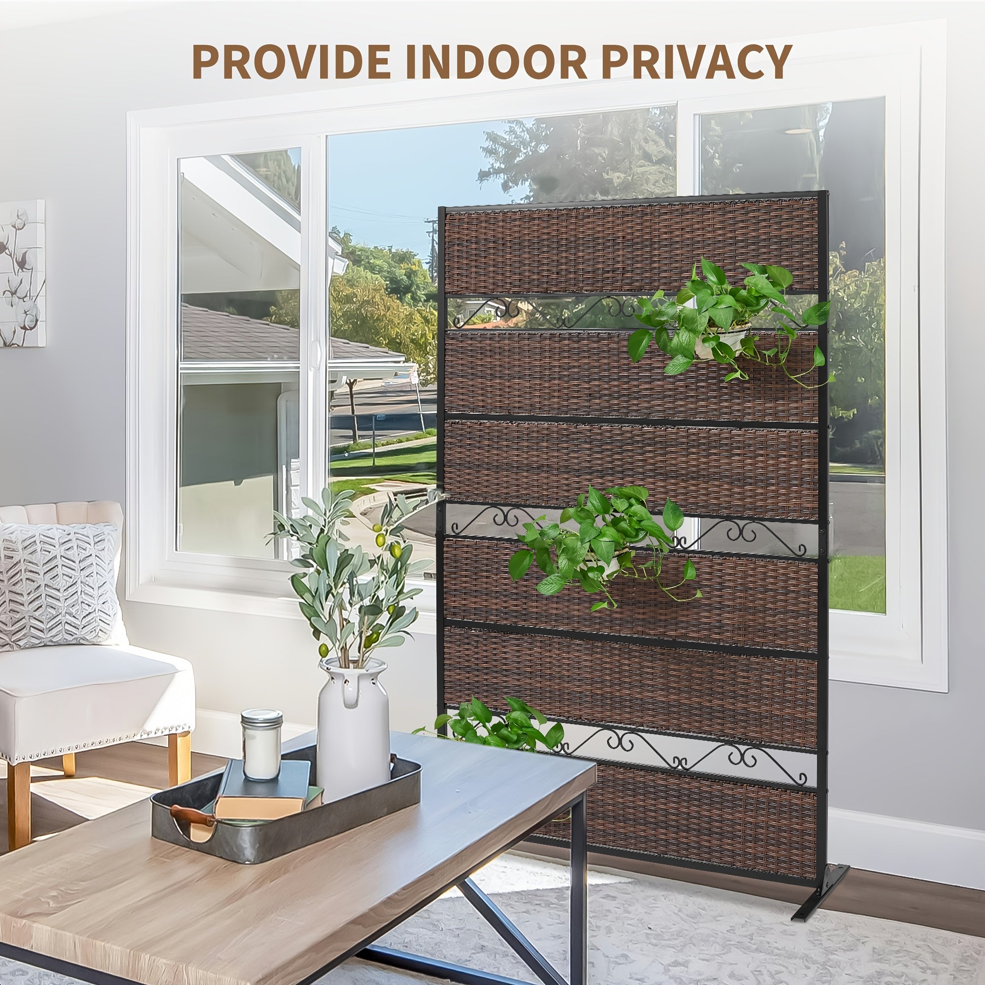 6-Foot Outdoor Privacy Barrier, Stylish Fence, Standalone Woven Rattan Partition for Patio, Balcony, Garden, Backyard, Deck, Porch, in Brown Color