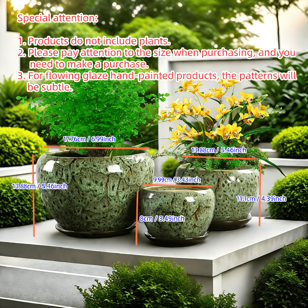 High-end Artisanal Handmade Crackled Moss Glaze Ceramic Flower Pot Set Of Three - Luxury Handcrafted Textured High-end Planter for Foliage And Orchids