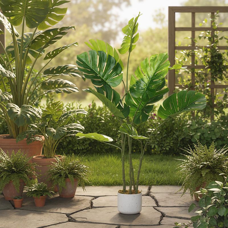 3.5ft Artificial Monstera Deliciosa Tree with 10 Lush Green Leaves, Potted Faux Plant for Indoor and Outdoor Living Room or Office Dration