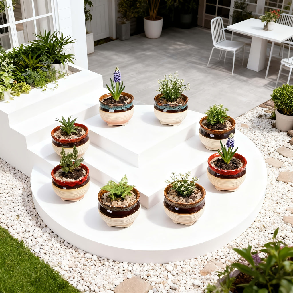 6pcs Handmade Ceramic Vase with Drainage Holes - Color-Block Striped Glazed Planters Suitable for \u002FOutdoor Use, Modern Round Pots for Succulents, Herbs, Flowers - Polished Ceramic Vases with Drainage (6pcs Set)
