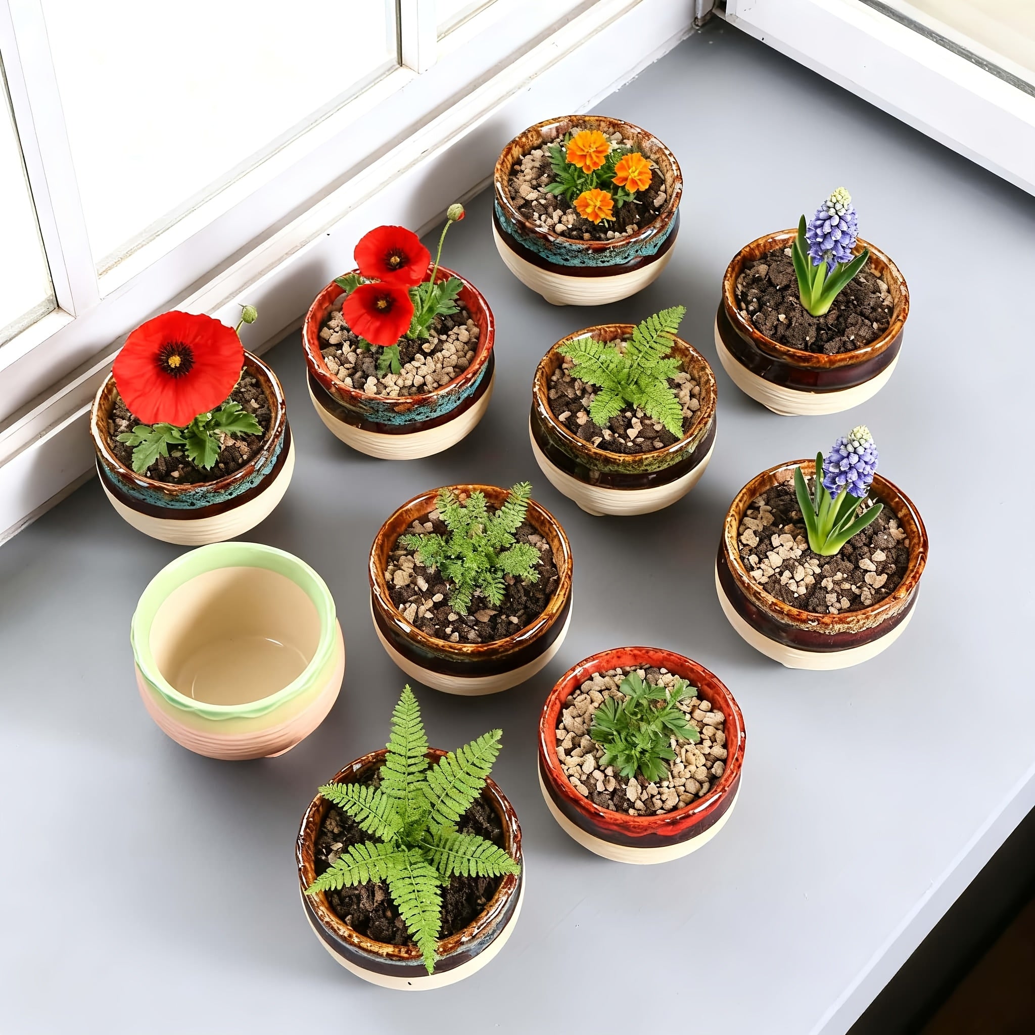 6pcs Handmade Ceramic Vase with Drainage Holes - Color-Block Striped Glazed Planters Suitable for \u002FOutdoor Use, Modern Round Pots for Succulents, Herbs, Flowers - Polished Ceramic Vases with Drainage (6pcs Set)