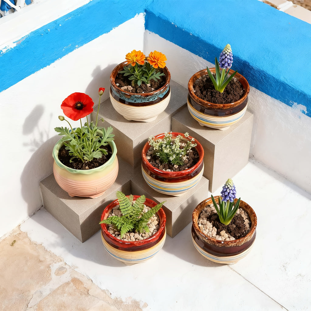 6pcs Handmade Ceramic Vase with Drainage Holes - Color-Block Striped Glazed Planters Suitable for \u002FOutdoor Use, Modern Round Pots for Succulents, Herbs, Flowers - Polished Ceramic Vases with Drainage (6pcs Set)