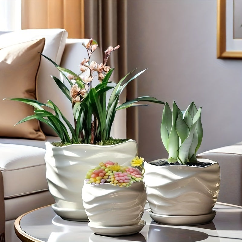 Bohemian-Style Ceramic Flower Pots • Set of Three with Drainage Holes • Perfect for Home, Office, Garden Decoration • Great Gifts for Christmas, Thanksgiving, Mother's Day • Gardening Gift for Home Decor