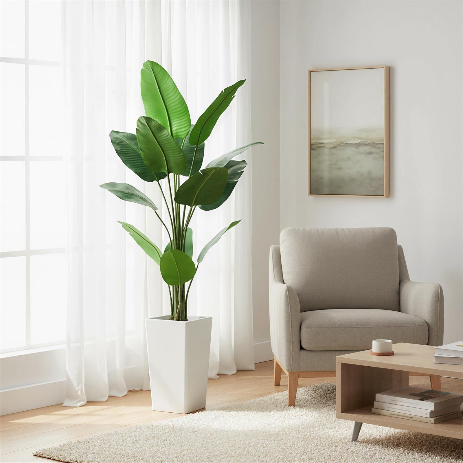 4.65ft Tall Artificial Banana Tree Plant Suitable for Home, Patio, Office - Realistic Faux Bird of Paradise with Banana Leaves & White Planter, Indoor\u002FOutdoor Low-Maintenance Tropical Floor Decor, Fake Tree for Housewarming Gift