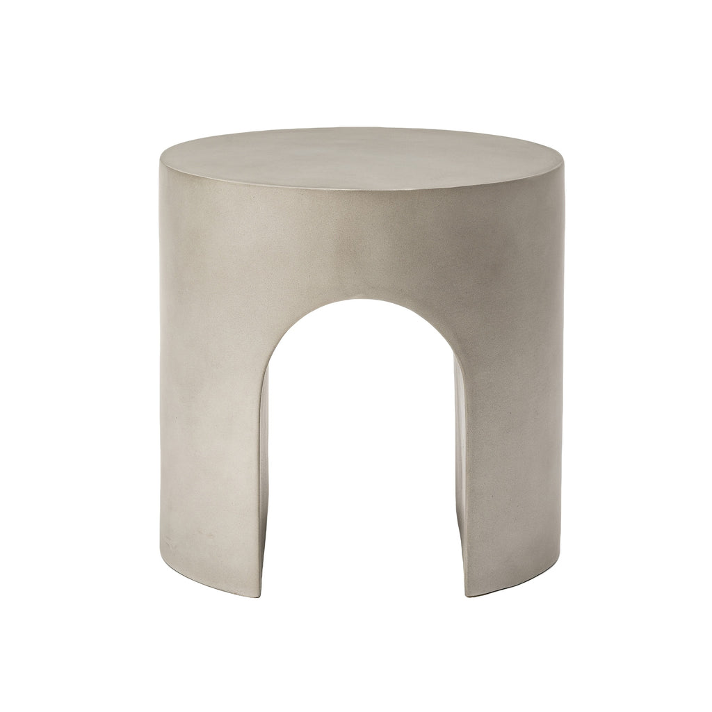 Modern Arched Hollow Table, 16-Inch Minimalist Terrazzo Texture Magnesium Side Table, Round Coffee Table with a Sculptural Feel for Garden And Living Room, Weather-Resistant Concrete Aesthetic Decorative Table, Speckled White\u002FGray