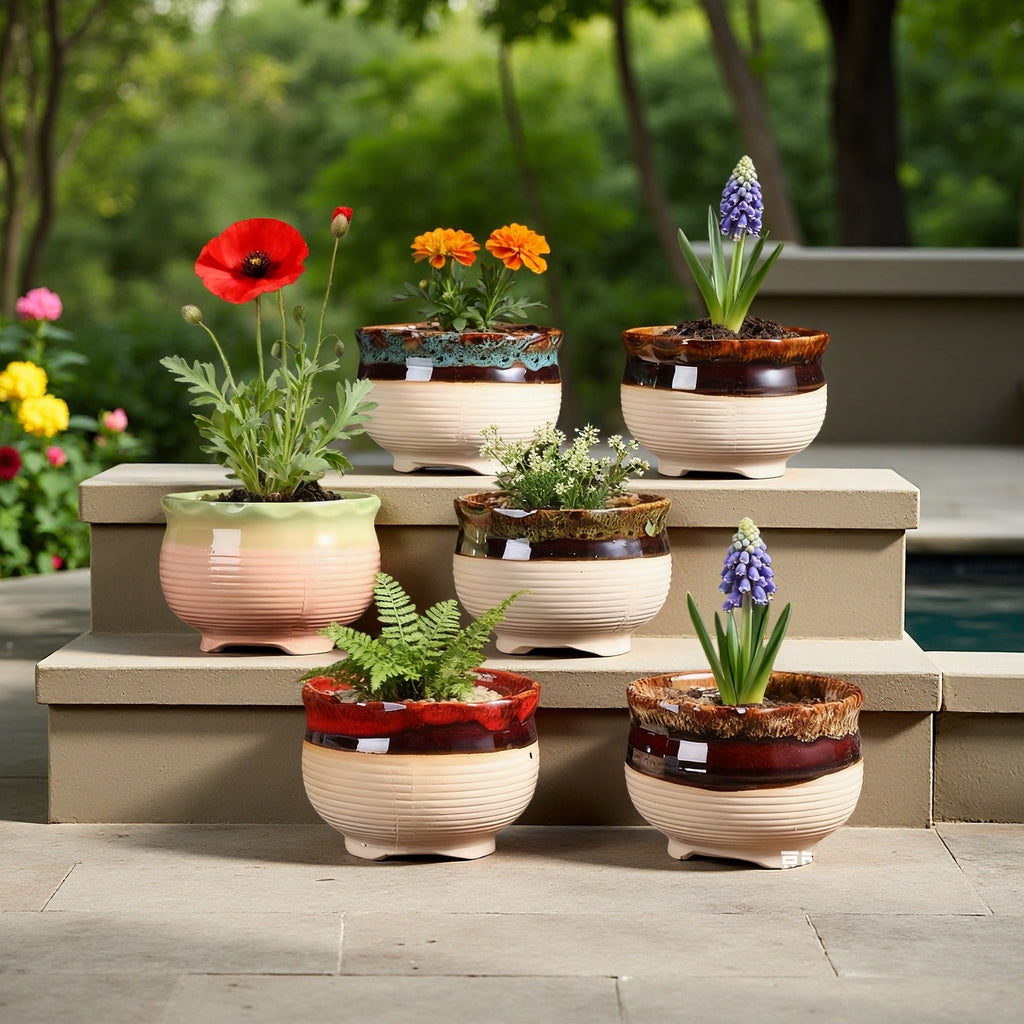 6pcs Handmade Ceramic Vase with Drainage Holes - Color-Block Striped Glazed Planters Suitable for \u002FOutdoor Use, Modern Round Pots for Succulents, Herbs, Flowers - Polished Ceramic Vases with Drainage (6pcs Set)