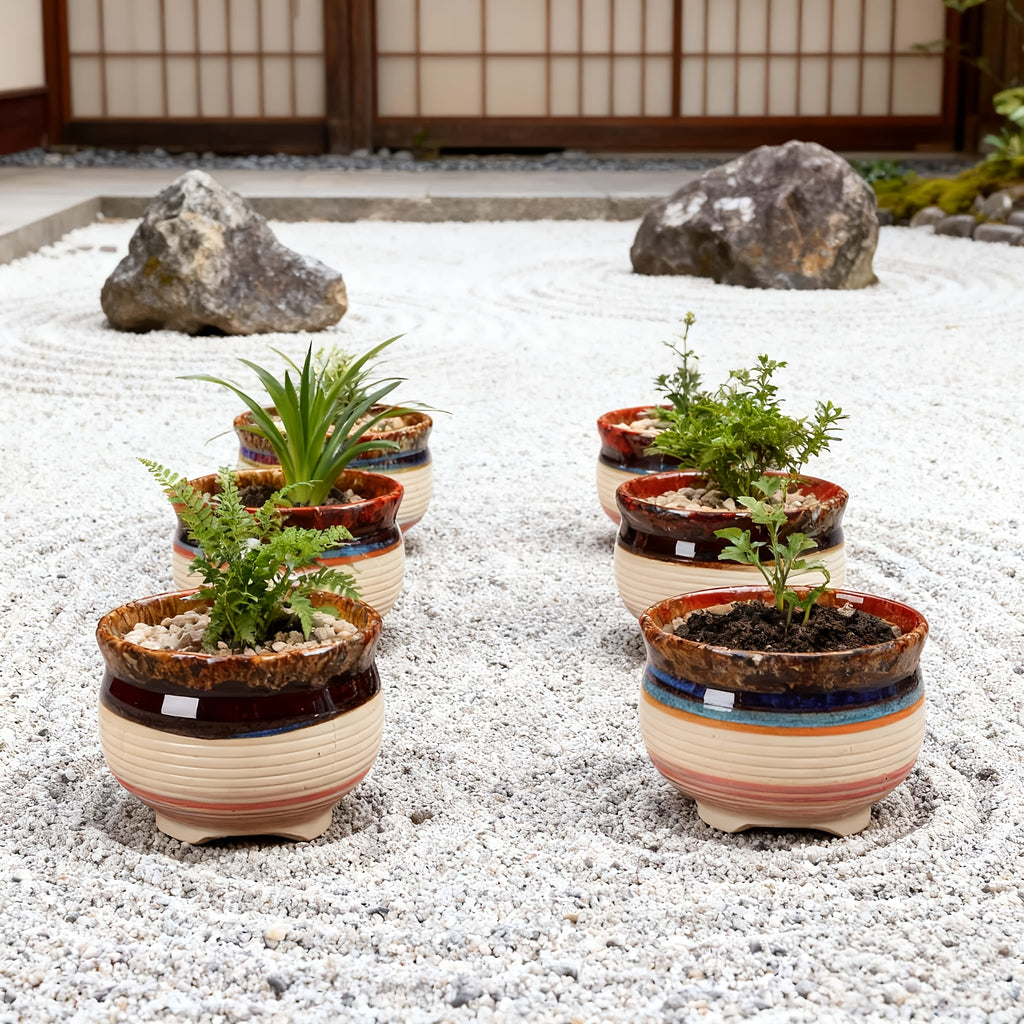 6pcs Handmade Ceramic Vase with Drainage Holes - Color-Block Striped Glazed Planters Suitable for \u002FOutdoor Use, Modern Round Pots for Succulents, Herbs, Flowers - Polished Ceramic Vases with Drainage (6pcs Set)