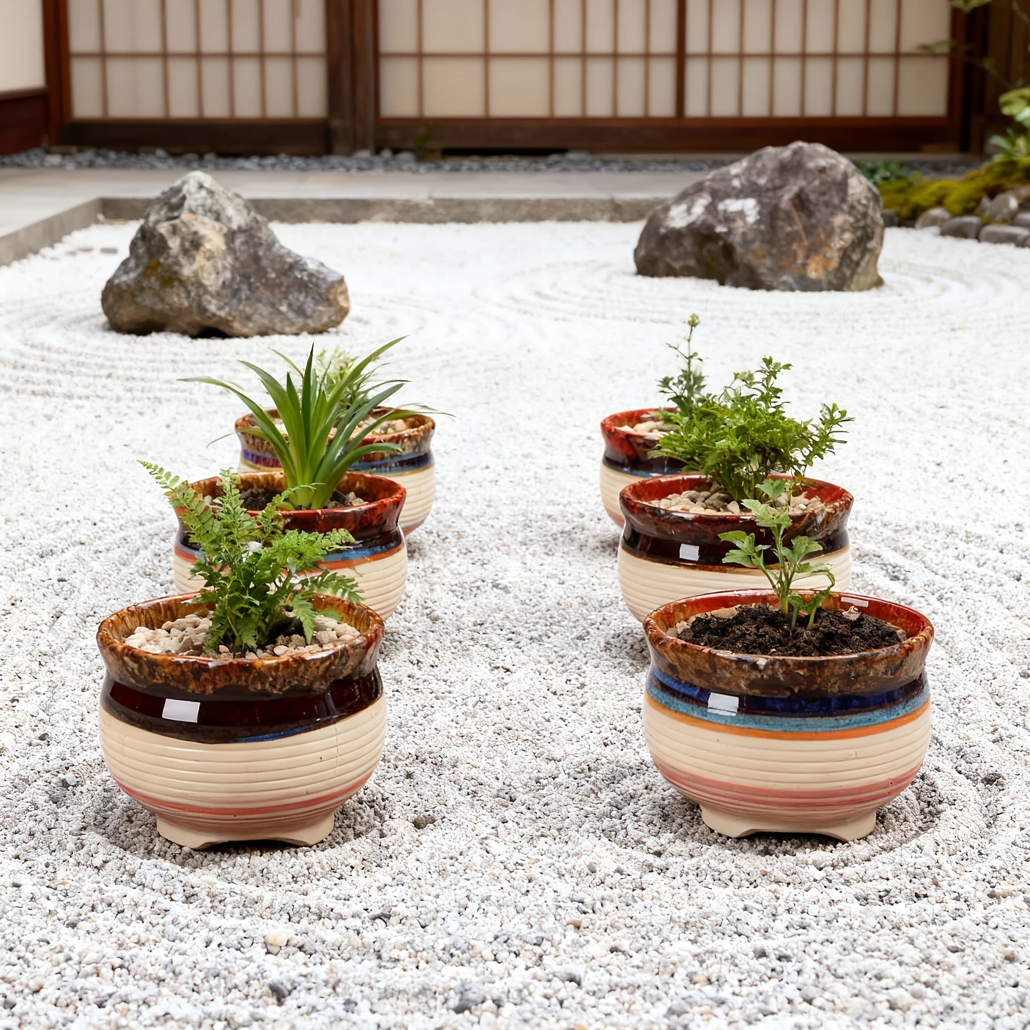 6pcs Handmade Ceramic Vase with Drainage Holes - Color-Block Striped Glazed Planters Suitable for \u002FOutdoor Use, Modern Round Pots for Succulents, Herbs, Flowers - Polished Ceramic Vases with Drainage (6pcs Set)