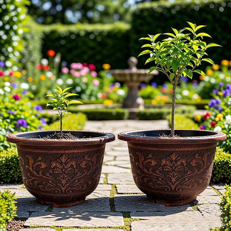 2pcs, 20Inch Vintage Style Resin Decorative Planters With Embossed Floral Pattern - Floor Mount Garden Pots Without Drainage Hole (Drillable)Suitable For Halloween And Christmas Decorations.