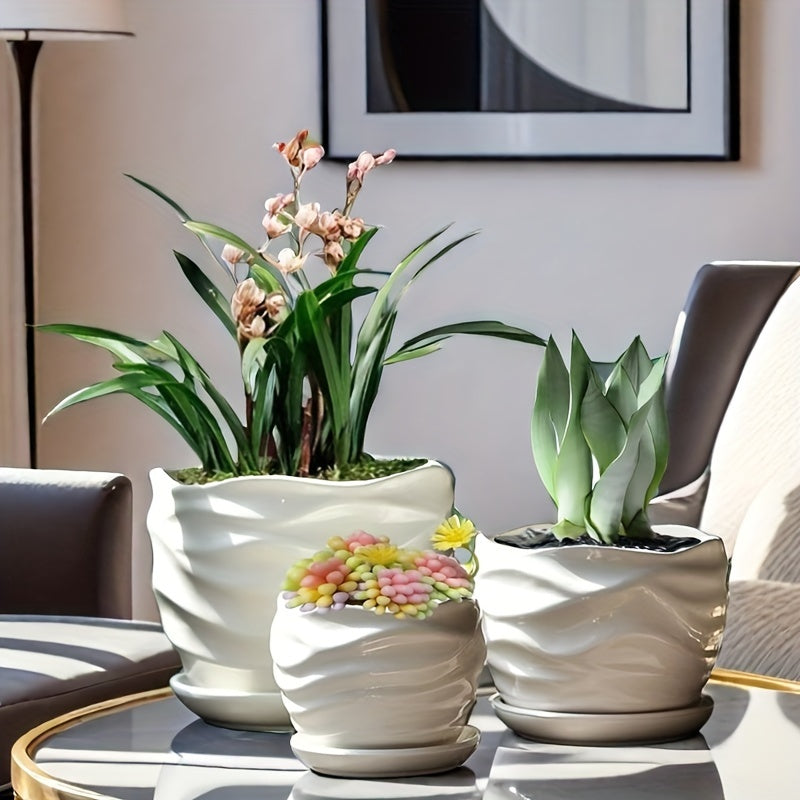 Bohemian-Style Ceramic Flower Pots • Set of Three with Drainage Holes • Perfect for Home, Office, Garden Decoration • Great Gifts for Christmas, Thanksgiving, Mother's Day • Gardening Gift for Home Decor