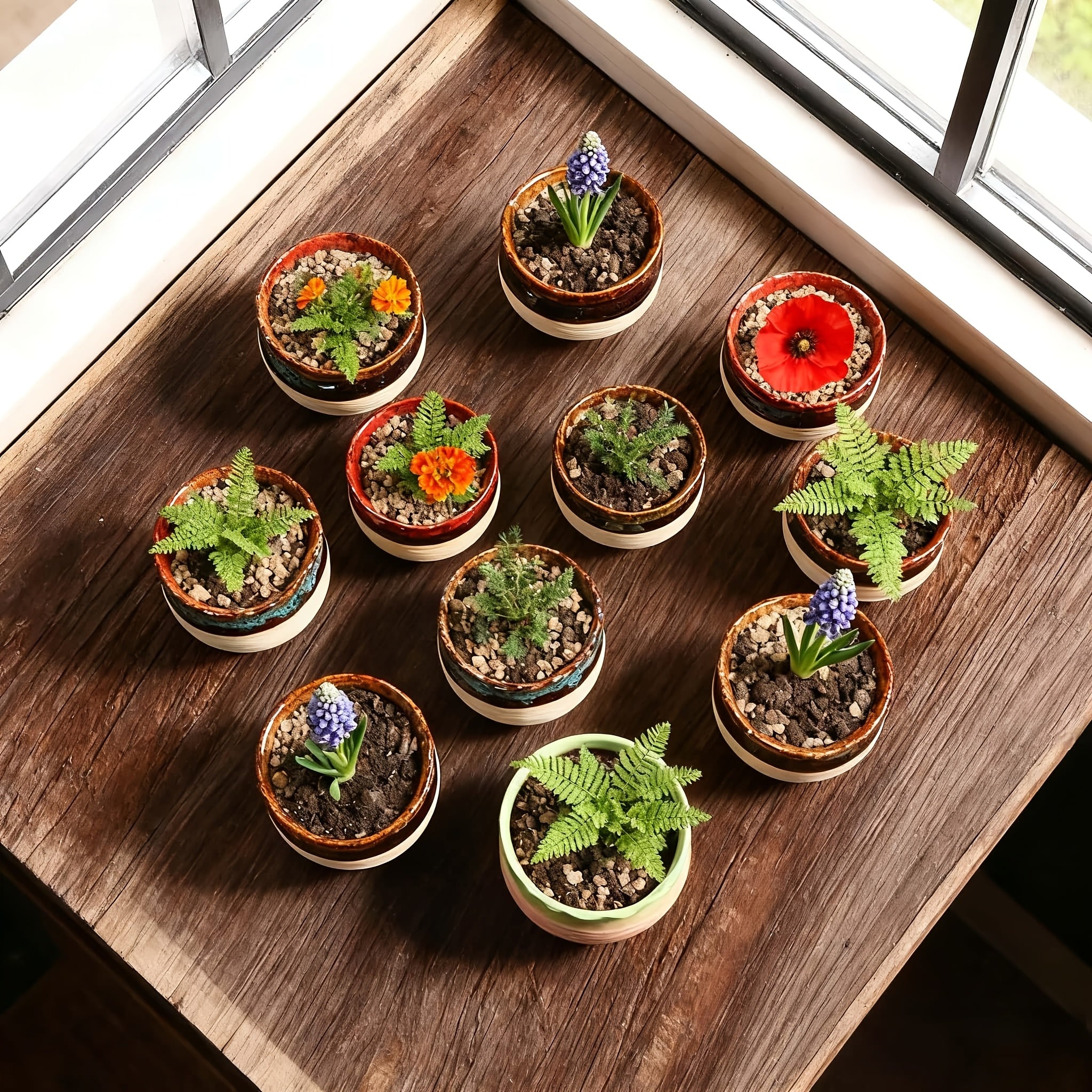 6pcs Handmade Ceramic Vase with Drainage Holes - Color-Block Striped Glazed Planters Suitable for \u002FOutdoor Use, Modern Round Pots for Succulents, Herbs, Flowers - Polished Ceramic Vases with Drainage (6pcs Set)
