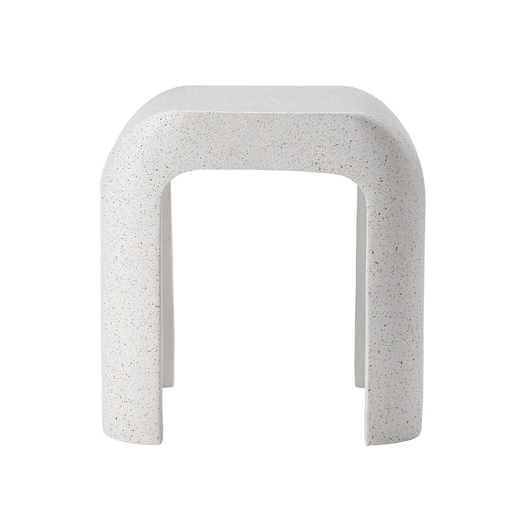 Modern Arched Hollow Table, 16-Inch Minimalist Terrazzo Texture Magnesium Side Table, Round Coffee Table with a Sculptural Feel for Garden And Living Room, Weather-Resistant Concrete Aesthetic Decorative Table, Speckled White\u002FGray