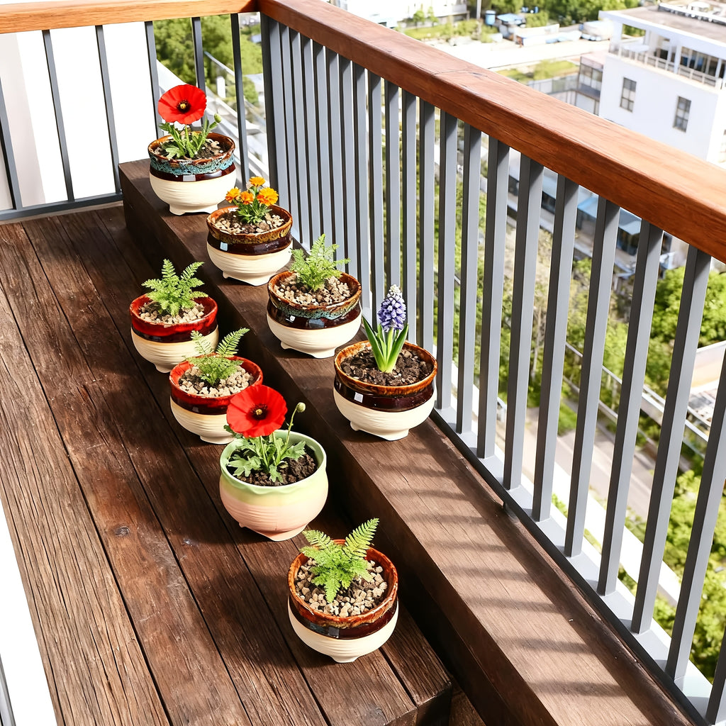 6pcs Handmade Ceramic Vase with Drainage Holes - Color-Block Striped Glazed Planters Suitable for \u002FOutdoor Use, Modern Round Pots for Succulents, Herbs, Flowers - Polished Ceramic Vases with Drainage (6pcs Set)